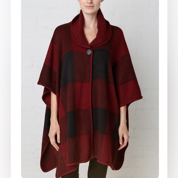 Kimberly C. Poncho one pocket red/black plaid NEW hooded no arm holes OSFM - Picture 1 of 11